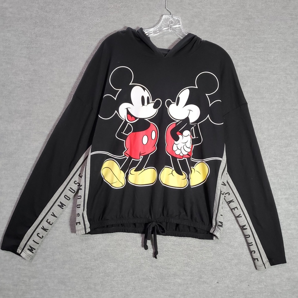 Disney Women Sweatshirt XL Black Mickey Reflection Twin Crop Hoodie Drawstring